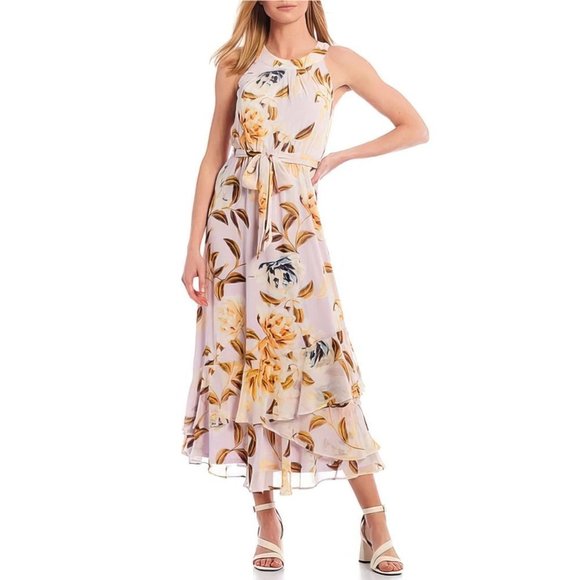 Floral Sleeveless Halter Neck Belted Chiffon Midi Dress. Never worn. - Picture 1 of 7